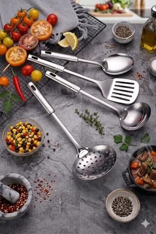 4 Parça Çelik Mutfak Servis Seti, Kepçe Kevgir Spatula Kaşık Takımı Çeyiz Seti, Mutfak Sofra Seti Ergonomik Sapl
