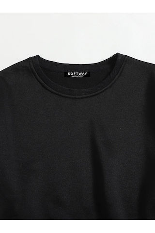 Unisex Oversize Bisiklet Yaka Basic Düz Sweatshirt - Siyah