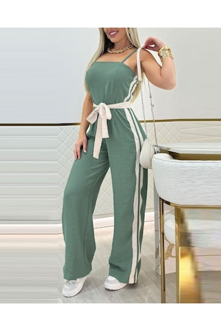 Efnaz Style Kadın Ip Askılı Straplez Belden Kuşaklı Viskon Iki Iplik Tulum Yesil