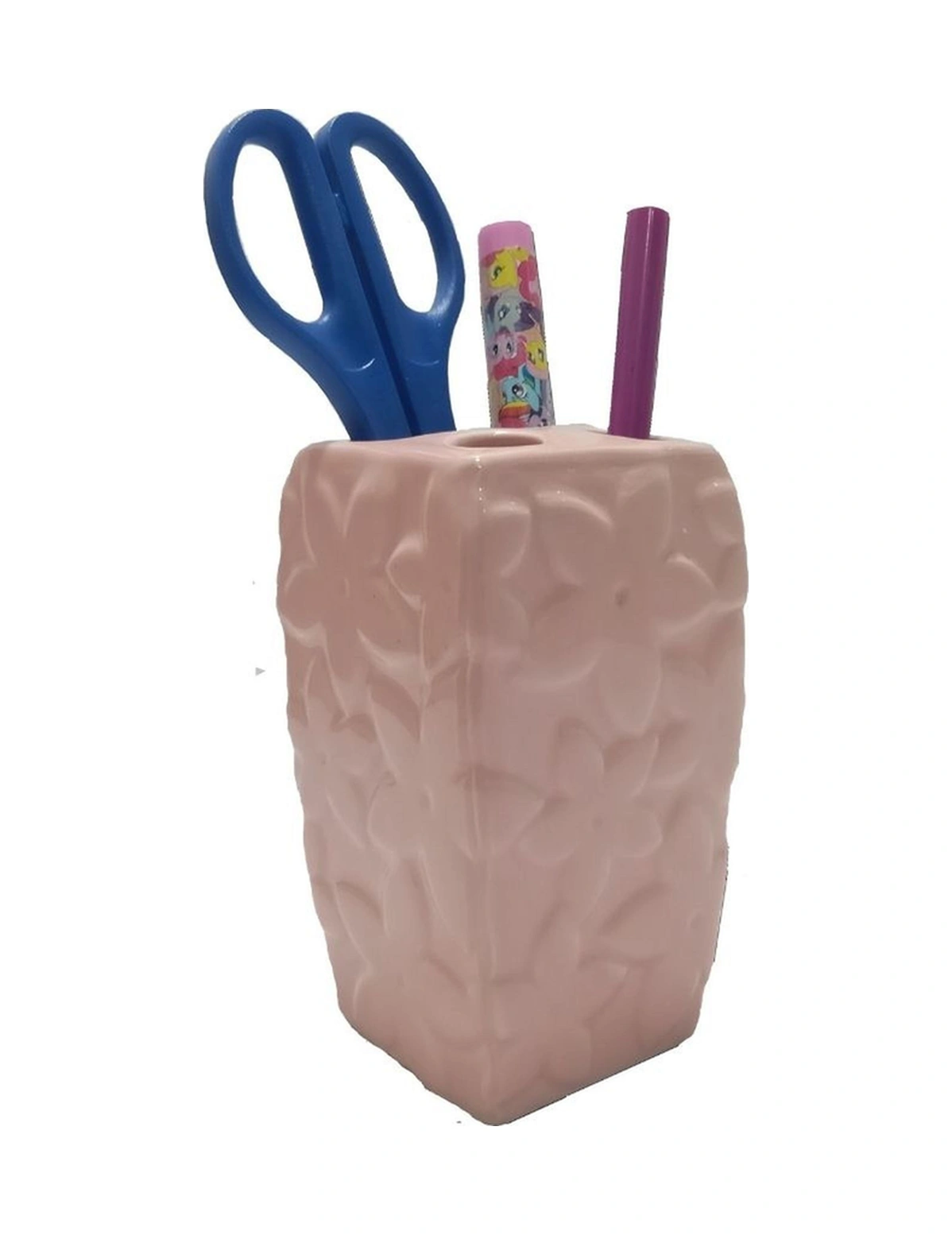 2 Adet Kalemlik Çiçekli Pembe Model Seramik Ofis Gereci 7x7x12cm Çok Renkli