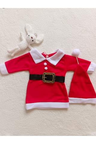 Kız Çocuk Yılbaşı Noel Temalı Kemerli Elbise Şapka Takımı Kırmızı