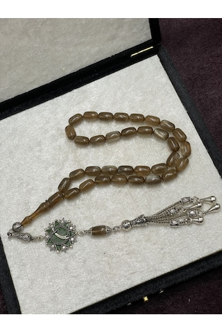 Alpaka Mineli Madalyonlu Sedef Simli Ateş Kehribar Tesbih Kahve Tonları, 7x11 Mm Kahverengi