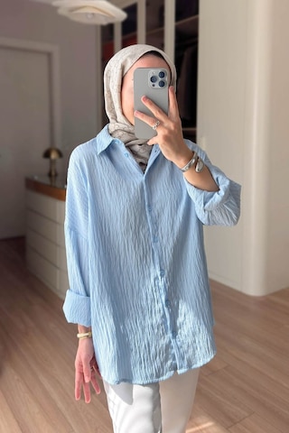 Kahijab Nakışlı Pul Detay Oversize Gömlek - Mavi