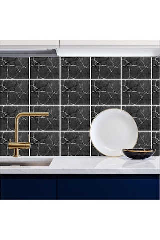 Mutfak Tezgah Arası Kendinden Yapışkanlı Folyo Kaplama Siyah Fayans Desen 60cmx100cm