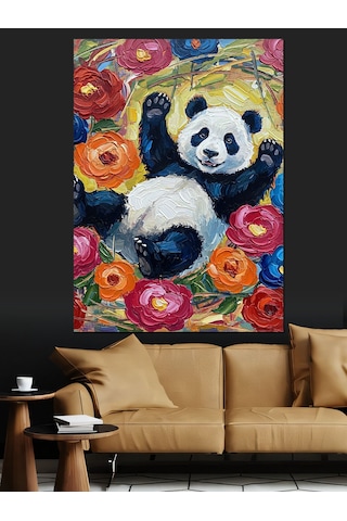 Çiçekler İçinde Sevimli Panda Dekoratif Kanvas - Mdf Ahşap Tablo