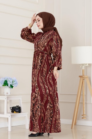 Sevitli Leopar Desenli Beli Tünelli Viscon Elbise-bordo-5087 Bordo