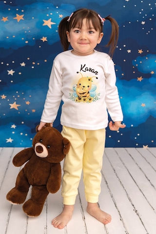 Pia Baby İsimli Erkek Çocuk Pijama Takımı %100 Pamuk Penye İsme Özel Baskılı Kişiselleştirilebilir Pijama Seti 20645s14pi Krem