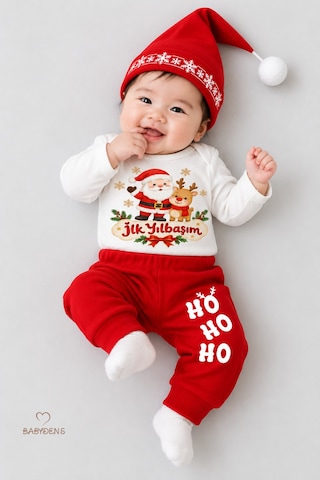 Babyden's Bebek Yılbaşı Takımı İlk Yılbaşım Baskılı Noel Kıyafeti %100 Pamuk 3'lü Body Pantolon Noel Şapkası Yılbaşı Kostüm Kırmızı
