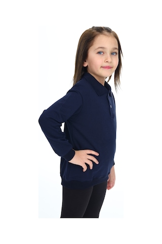 Kız Çocuk Regular Fit Polo Yaka Düşük Omuz Nakış Baskılı Sweatshirt - 2 İplik Lacivert