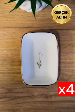 Tabak Evi Porselen Natura Çuha Altın Yaldızlı Dikdörtgen Kayık Tabak 14x9,8cm 4 Lü Çok Renkli
