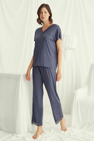 Monamise 18484 Kadın V Yaka Kısa Kollu Pijama Takımı-lacivert Lacivert