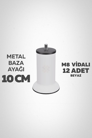 Baza Ayağı 10 Cm M8 Vidalı 12 Li Set Metal Beyaz Yatak Mobilya Ayağı İnce Vida Beyaz M8 10 Cm