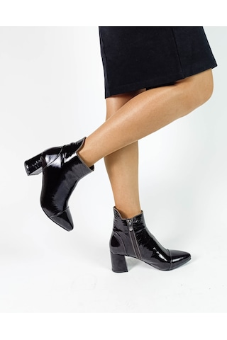 Hakiki Deri Acı Kahve Rugan Fermuarlı Kalın Topuk Kadın Bot Acı Kahve