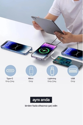 Magsafe Powerbank 10000 Mah Standlı Hızlı Taşınabilir Iphone 11 12 13 14 15 16 17 Samsung Uyumlu Mavi