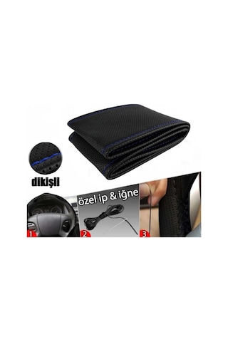 Dikmeli Deri Direksiyon Kılıfı Noktalı Kokusuz Mavi Dikişli