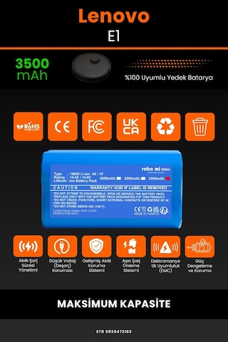Lenovo E1 Robot Cleaner 3500mAh Robot Süpürge Bataryası