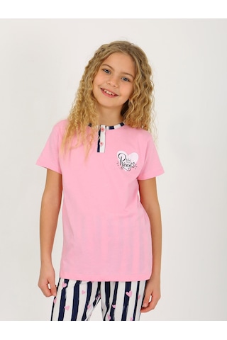 Kız Çocuk Kısa Kollu Düğme Detaylı %100 Pamuklu Pijama Takımı Princess Heart Koyu Pembe