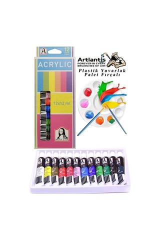 Akrilik Boya Monalisa 12 Renk 12 Ml Tüp 1 Paket 12 Li Akrilik Boya Seti Ve Yuvarlak Resim Paleti Fırçalı 1 Paket 10