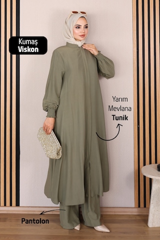 Rahvel Umre Takımı Viskon Kumaş Tunik Pantolon Bir Arada Terletmez İç Göstermez Haki