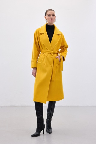 Sateen Beli Bağlamalı Uzun Kaban - Sarı-136632 Sarı