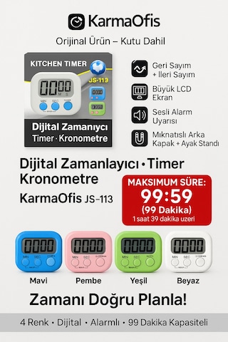 Dijital Kronometre Mavi Pembe Tuşlu Timer 99 Dakika Zamanlayıcı Alarm