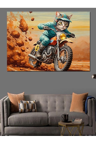 Ahşap Tablo Motosiklet Süren Kasklı Komik Kedi