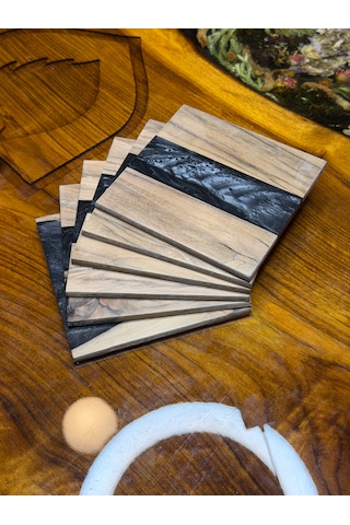 Ceviz & Siyah River Epoksi Bardak Altlığı Seti 6 Lı, El Yapımı Ceviz Ahşap, 12x12 Cm, Modern & Şık Tasarım Siyah
