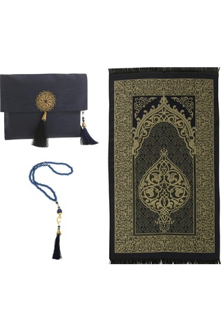 Şantuk Keseli Tafta Seccade Ve İnci Vavlı Tesbih Set , Taşınabilir Namaz Seti Lacivert