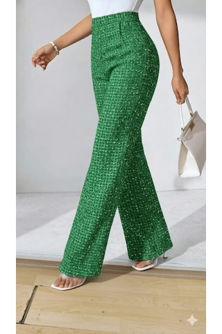 Tua Moda Kadın Yüksek Bel Paçaya Doğru Geniş Dokuma Pantolon Yeşil
