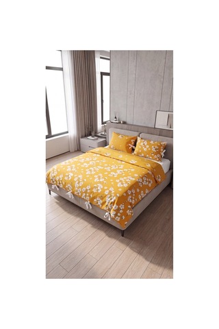 %100 Pamuk Çift Kişilik Çiçekli Bağcıklı Nevresim Seti 220x200 Cm 2'li Desenli Bağcıklı Yastık Kılıfı Sarı - 909843291 Sarı