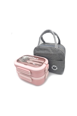 Valkyrie 304 Çelik Bölmeli Lunch Box Seti Termal Çantalı, Bölmeli, Çatal Kaşıklı, Sızdırmaz Yemek Kabı Pembe Pembe