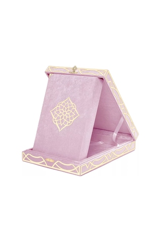 Kadife Kutulu Kur'an-ı Kerim Orta Boy, Pleksili Desen, Bebe Pembe
