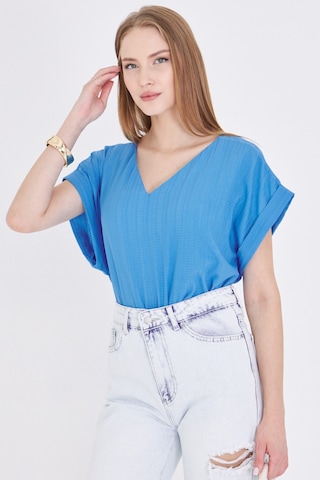 Armonika Kadın Mavi V Yaka Yanları Yırtmaçlı Arkası Uzun Duble Kol Detaylı Oversize Bluz Arm-24y001074