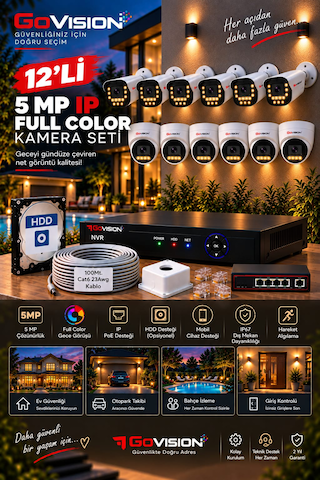 Go Vision 12'li Güvenlik Dome Bullet Ip Kamera Seti - 3.6mm Lens, H.265, Poe, Warm Led Gece Görüşlü