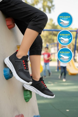 Walkway Siyah Beyaz Fileli Hafif Esnek Unisex Çocuk Spor Ayakkabı 9060 Motano F Siyah-beyaz-kırmızı