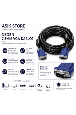 Vga Kablo 5 Metre 7.5mm Kalın Çift Ferrit Filtreli Monitör Projeksiyon Bilgisayar Vga Erkek Erkek Kablo