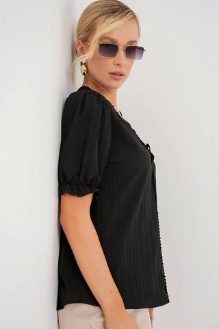 V Yaka Dantelli Bluz 956 - Siyah Si Yah