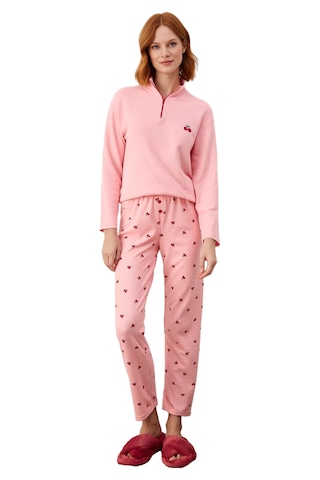 Ersefa Kadın Kiraz Desenli Fermuarlı Waffle Pijama Takımı Fonksiyonel Da Pembe