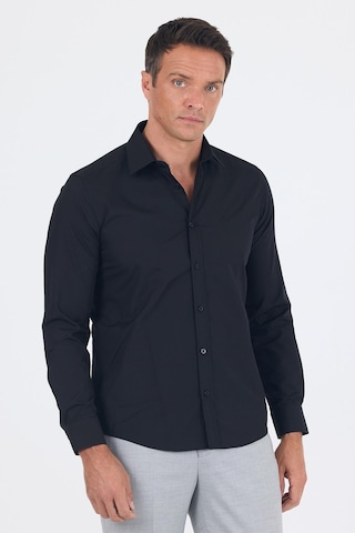 İmza Siyah Uzun Kol Düz Bez Ayağı Sert Yaka Cepsiz Pamuklu Basic Slim Fit Gömlek 1004250057 001 Siyah
