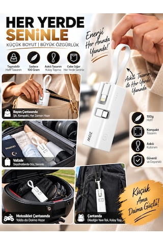 5000mah 20w Pd Hızlı Şarj Powerbank Dahili Lightning Kablolu Type-c Çıkışlı Taşınabilir BEYAZ