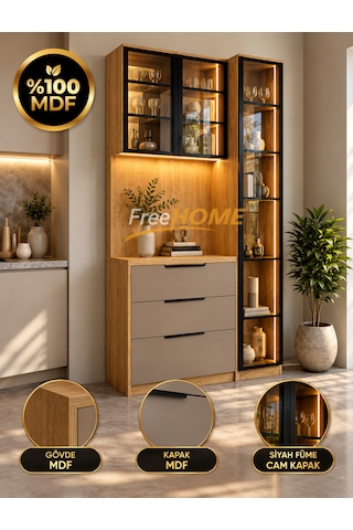 Freehome Doğa Kahve Köşesi Led'li Cam Kapaklı Mdf 120x210x40 Kum Beji