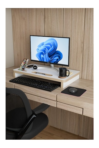 Ergonomik Mdf Monitör Standı Ekran Yükseltici Masaüstü Düzenleyici Organizer Telefon-bardak Bölmeli