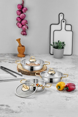Polochef Paslanmaz Çelik Sahan Seti Gold Saplı 6 Parça Gümüş