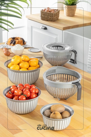 5 Parça Linea Çok Amaçlı Çeyiz Seti Gri 1x Mikser Kabı 3lt 1x 3 Boy Kase 1x Pirinç Süzgeçi 3lt Gri