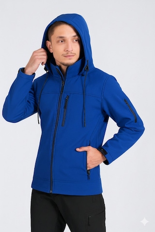 Suya Dayanıklı Slim Fit Softshell Kapüşonlu Erkek Mont Saks Mavisi