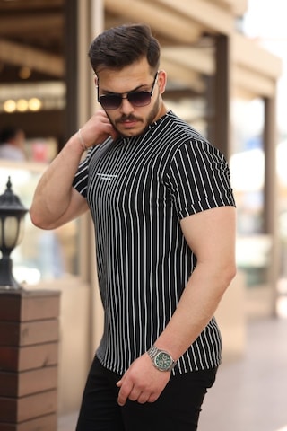Erkek Dikey Çizgili Ottoman Kumaş Kısa Kollu T-shirt Siyah