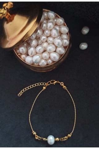 24k Altın Kaplama Tek İnci Zarif Tektanem Bileklik Beyaz Tek Ebat