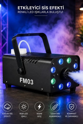 Hepu Fm03 Led Sis Makinası 600w Rgb Led Işıklı Uzaktan Kumandalı Sahne Efekt Cihazı