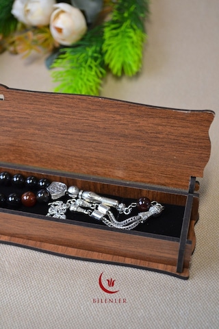 Akik Taşlı 33 Lü Erkek Tesbih Doğal Taş, Özel Ahşap Kutulu Çok Renkli