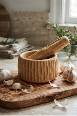 Doğal Bambu Çizgili Havan Ve Tokmak Seti 11x6.5 Cm - Sarımsak Baharat Ezici Ve Öğütücü Ahşap Havan Takımı